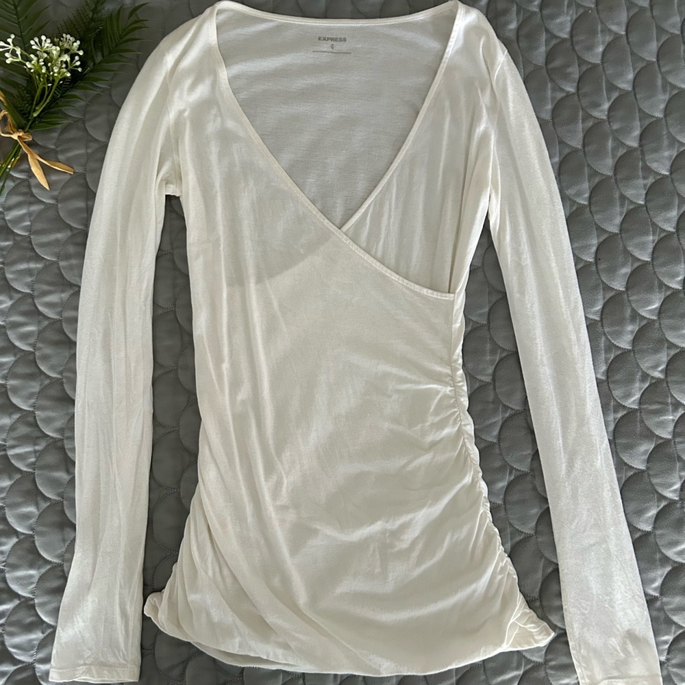 Express Ivory Long Sleeve Wrap Shirt